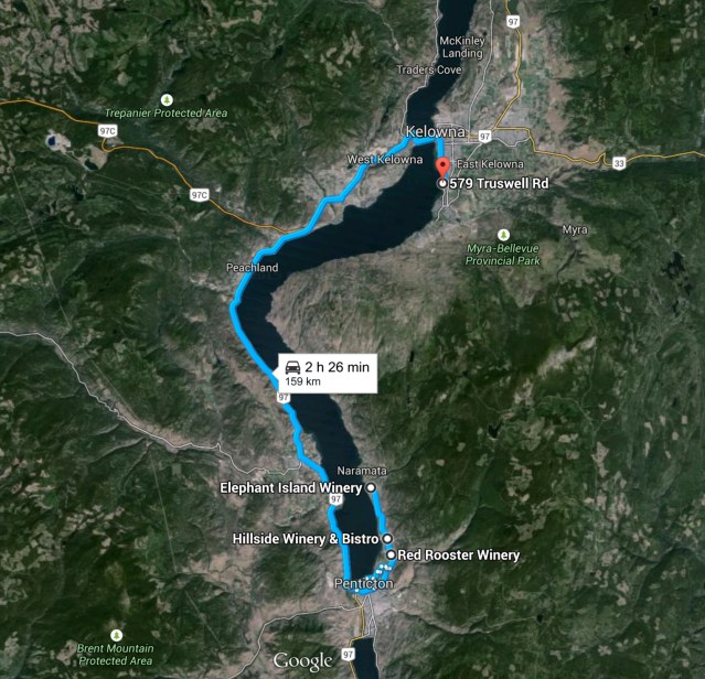 The route from the La Mission Motor Inn to the Naramata wineries