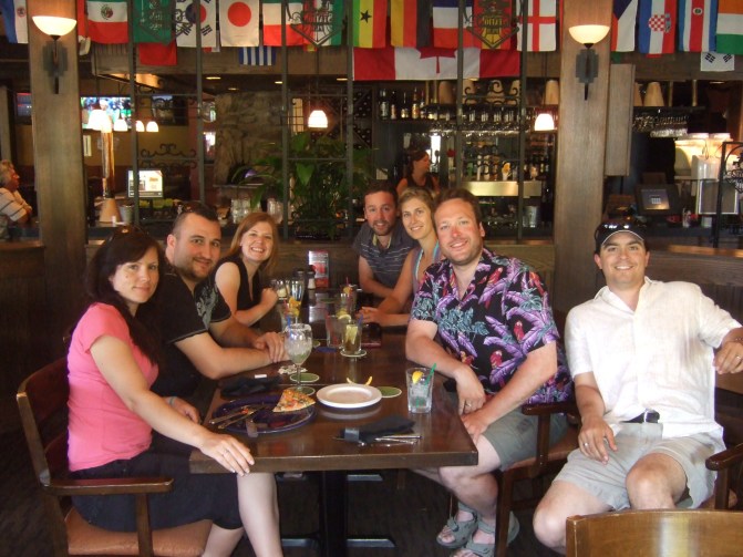 The entire wine tour gang at the pub across the street from our motel in Kelowna. 