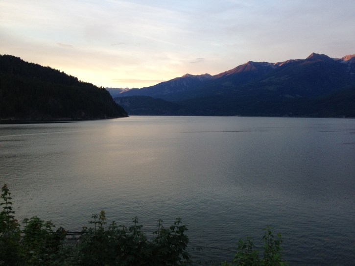 Kootenay Lake at sunset from the Kaslo Hotel's balcony