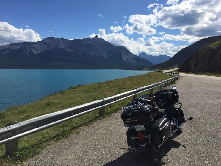 On the David Thompson Highway next to Abraham Lake, which is a widening of the North Saskatchewan River caused by a dam
